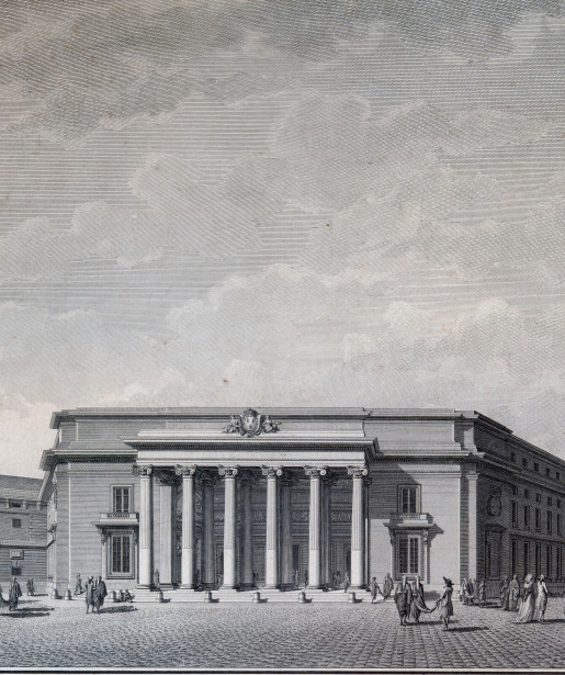 Vue perspective de l’entrée principale du palais des juridictions et des prisons royales de la ville de Caen, estampe, vers 1788 (coll. part.).